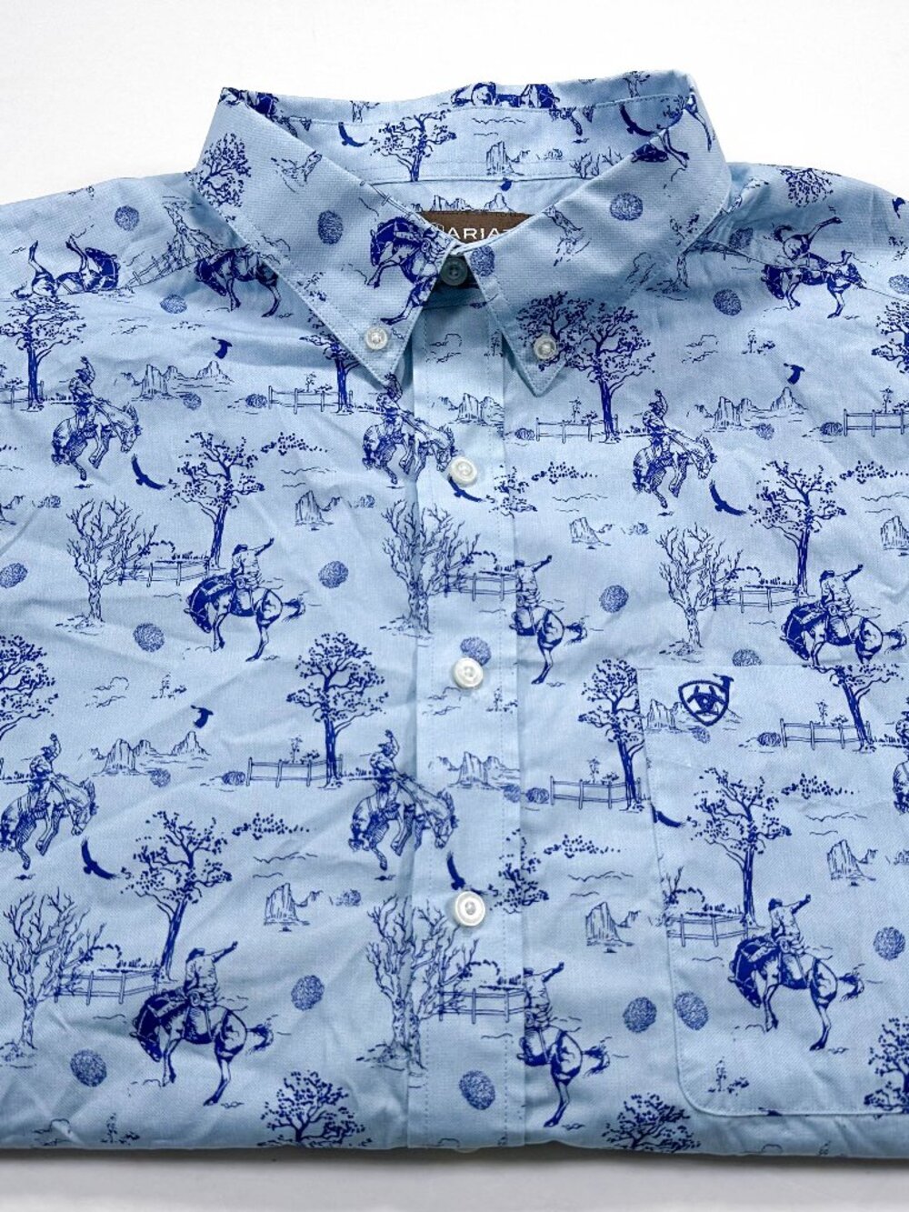 Ariat Men's XXL Blue Cowboys Horses Western Button Up Western Shirt Short Sleeve